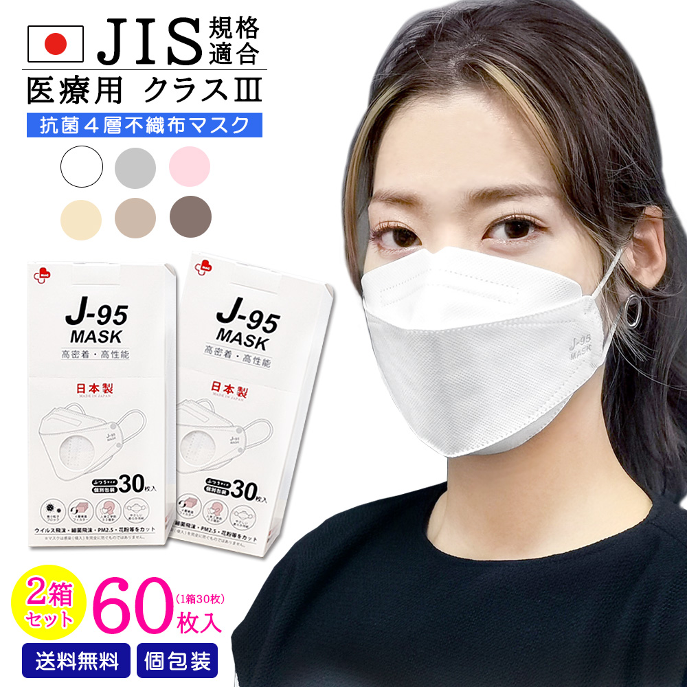 まとめ買い割引 不織布マスク 立体型マスク ダイヤモンド 日本製 OPP包装 4層構造 2箱セット 60枚入 JIS規格適合 医療用クラス3 新型 J-95マスク 送料無料