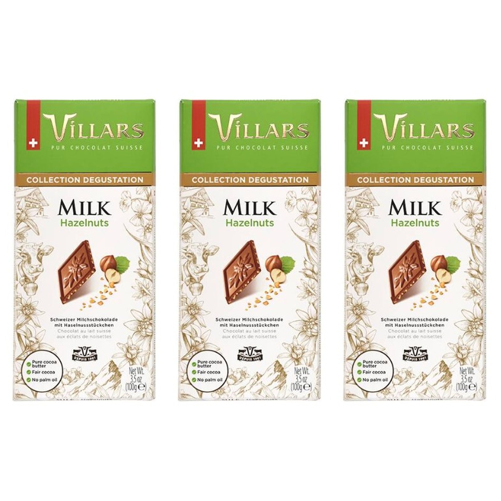 KAIDl ビラーズ スイスミルクチョコレート ヘーゼルナッツ(100g)(v26)×3個 チョコレート 菓子 バレンタイン ヘーゼルナッツ 人気