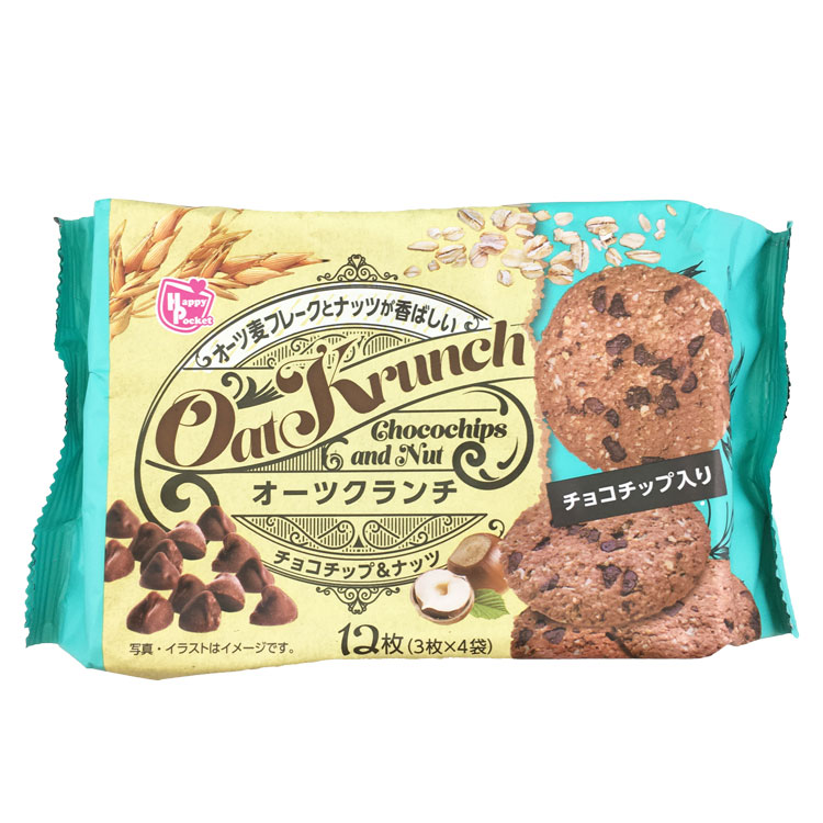 ハッピーポケット オーツクランチ チョコチップ&amp;ナッツ 3枚×4袋入り×1個 クッキー オートミール 健康 おやつ 菓子 個包装 詰め合わせ