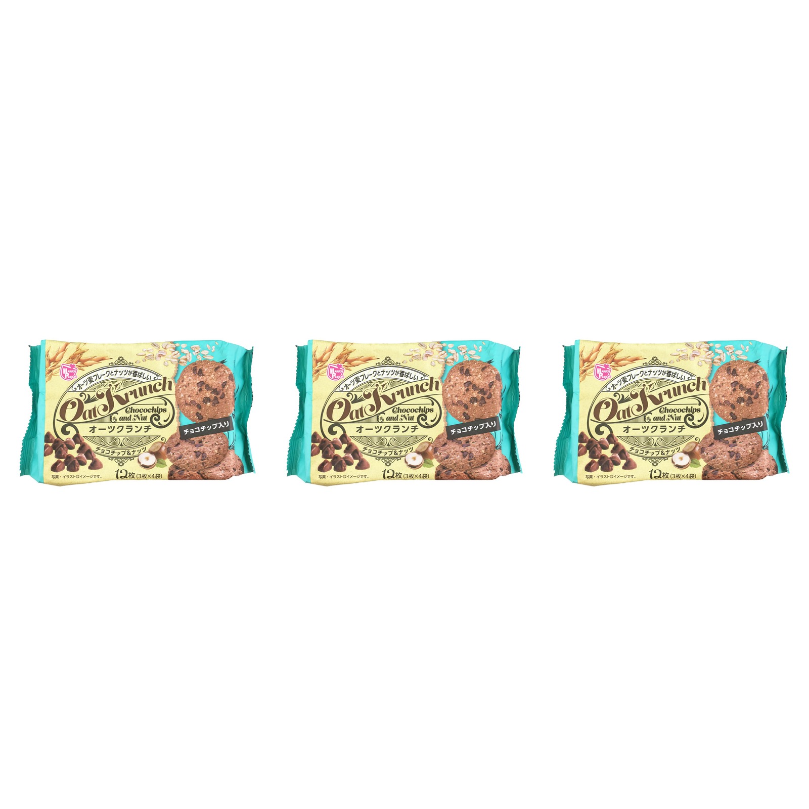 ハッピーポケット オーツクランチ チョコチップ&amp;ナッツ 3枚×4袋入り×3個 クッキー オートミール 健康 おやつ 菓子 個包装 詰め合わせ