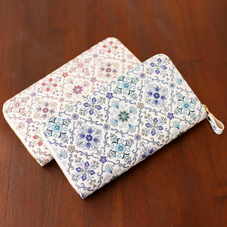 日本製 浅草文庫 ラウンド 長財布 オリエント ピンク ブルー コの字