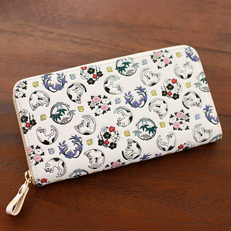 日本製 浅草文庫 ラウンド型 長財布 猫 ねこ オフホワイト コの字