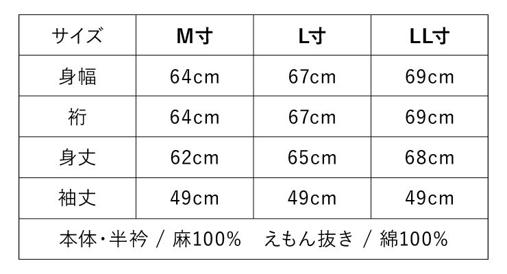 最高級 本麻 手もみ楊柳 半襦袢(M L LL) 洗える肌着 婦人用 麻