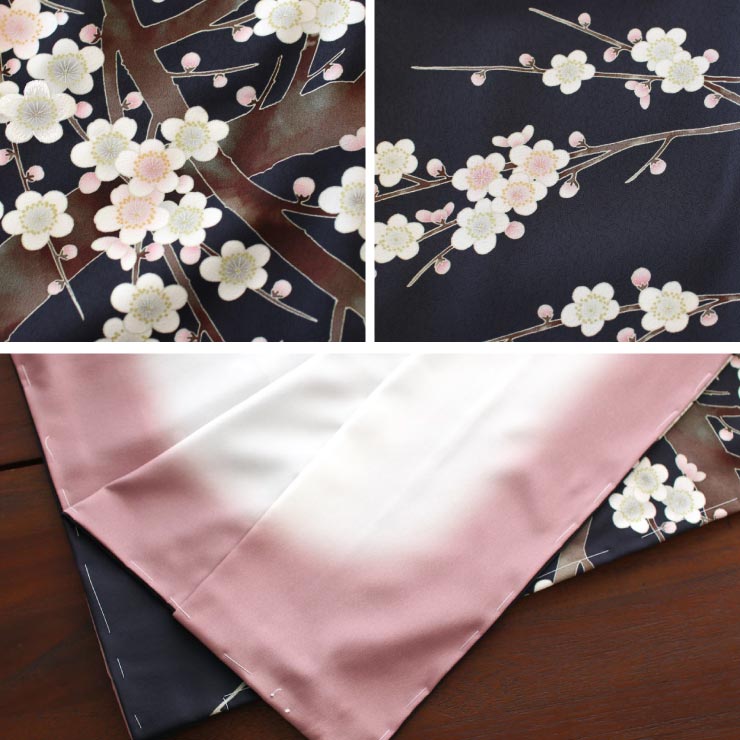 【良品✨】東レシルック　さんび　洗える着物　絵羽風　小紋　四季草花模様　紺　E1 良品✨】東レシルック さんび 洗える着物 絵羽風 小紋 四季草花