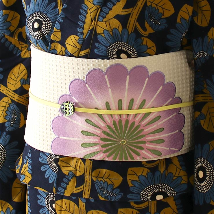 日本製] 創作 細帯 フラワー（クリーム）刺繍 パッチワーク 半巾帯