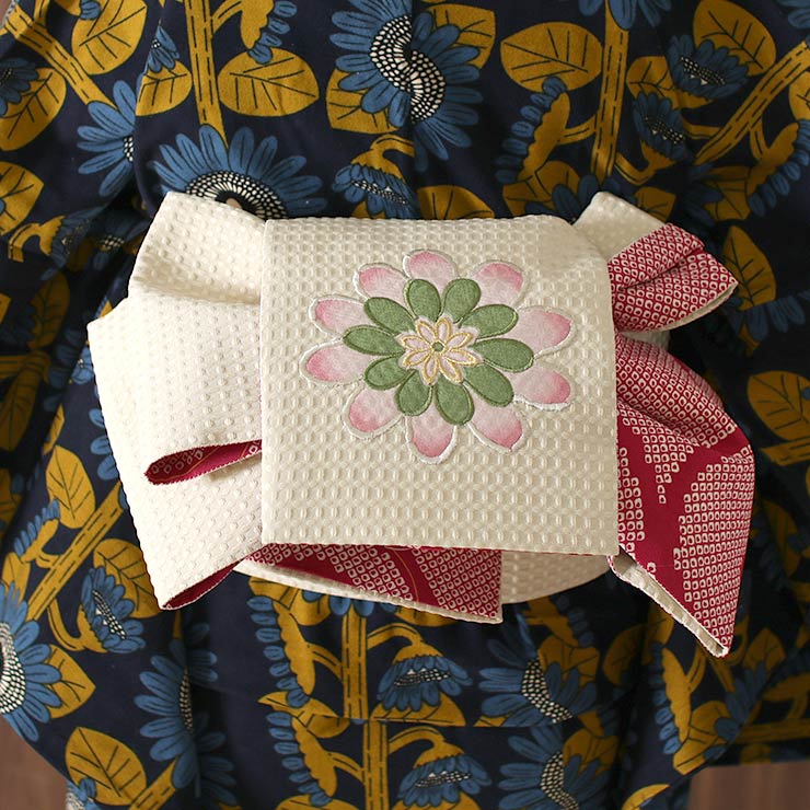 日本製] 創作 細帯 フラワー（クリーム）刺繍 パッチワーク 半巾帯