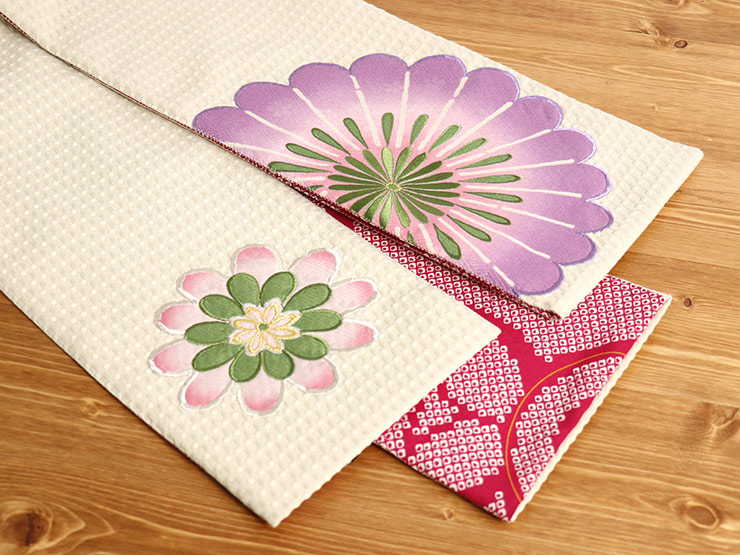 日本製] 創作 細帯 フラワー（クリーム）刺繍 パッチワーク 半巾帯