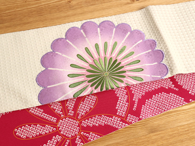 日本製] 創作 細帯 フラワー（クリーム）刺繍 パッチワーク 半巾帯