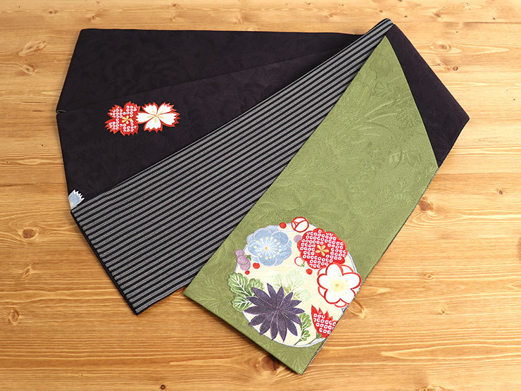 半巾帯 正絹 リバーシブル 嵐山よしむら 正絹細帯 桜楓花丸（抹茶×黒紅