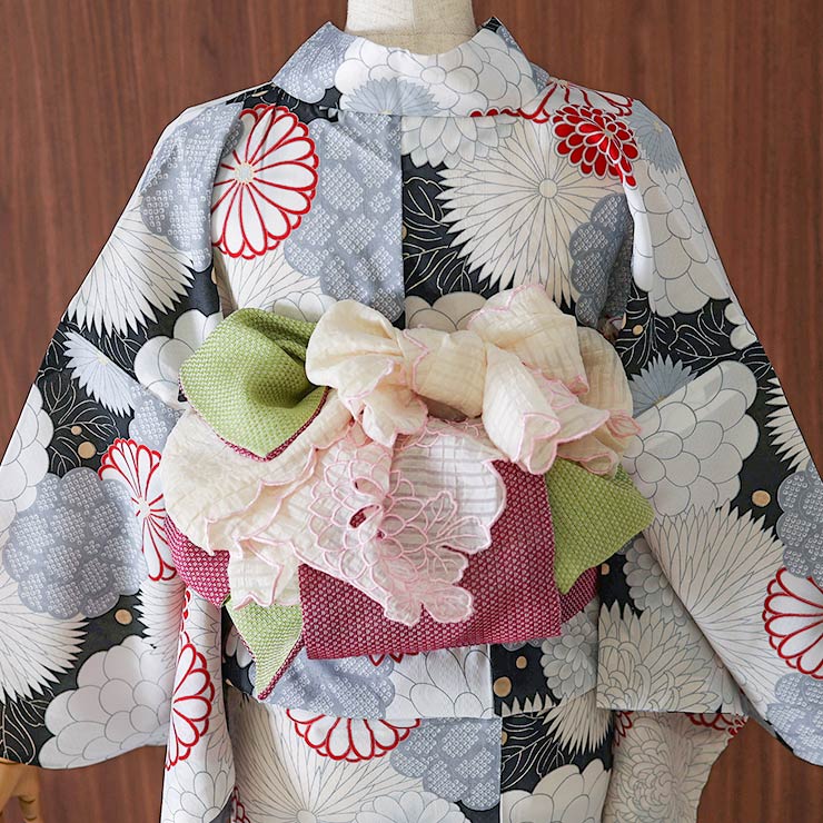 撫松庵 麻100% 半幅帯 細帯 麻リバーシブル (105-32-106 57 ローズ