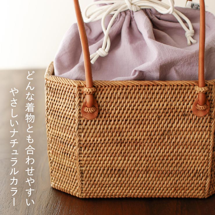 天然素材] 巾着 カゴバッグ 夏バッグ ブロックアタバッグ (ブラウン
