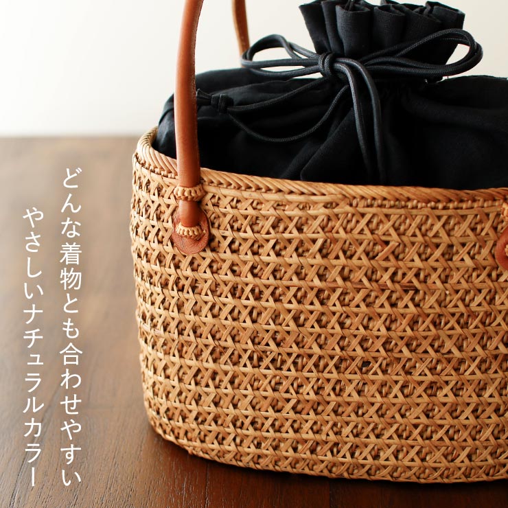 天然素材] 巾着 カゴバッグ 夏バッグ すかし格子アタバッグ (ブラウン