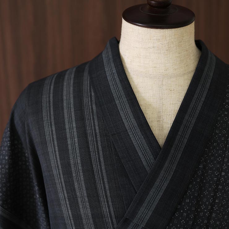 [洗える浴衣] 男性用 ゆかた 芭蕉縞 グレー (85) M L 東レ セオα  &+ 男物 メンズ プレタ浴衣 夏 着物 かすれ 子持ち縞 芭蕉布 日本製 撫松庵 fj605sの画像