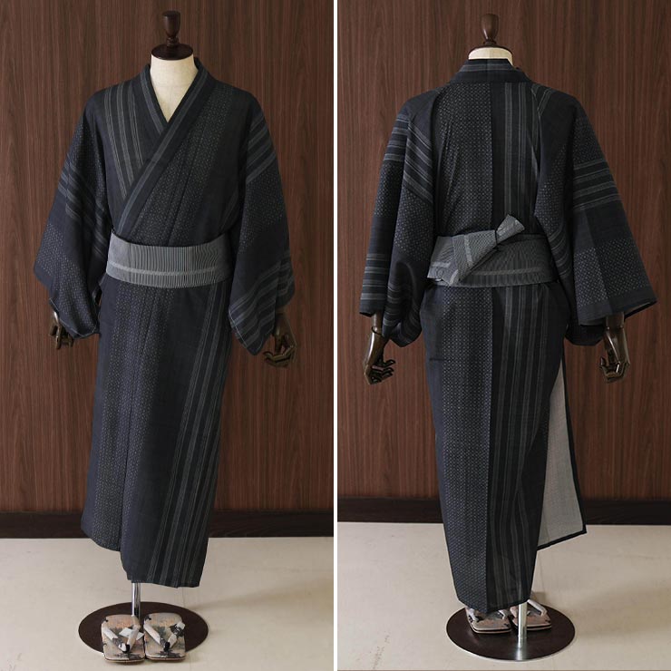[洗える浴衣] 男性用 ゆかた 芭蕉縞 グレー (85) M L 東レ セオα  &+ 男物 メンズ プレタ浴衣 夏 着物 かすれ 子持ち縞 芭蕉布 日本製 撫松庵 fj605sの画像