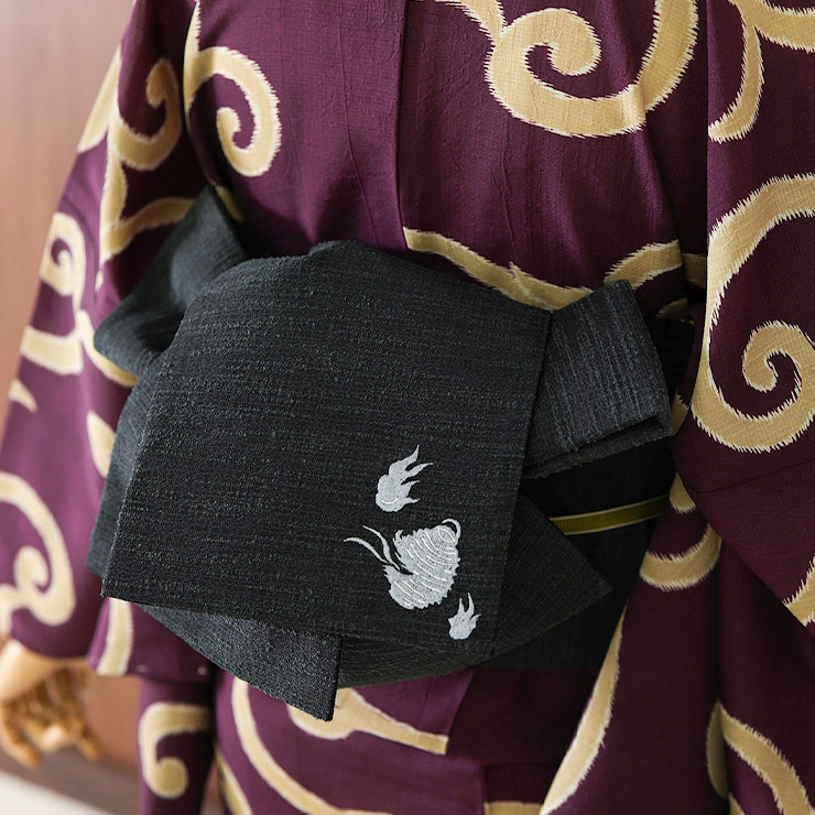撫松庵] 半幅帯 細帯 妖怪円陣刺繍 墨黒色 日本製 半巾帯 刺繍帯 濃