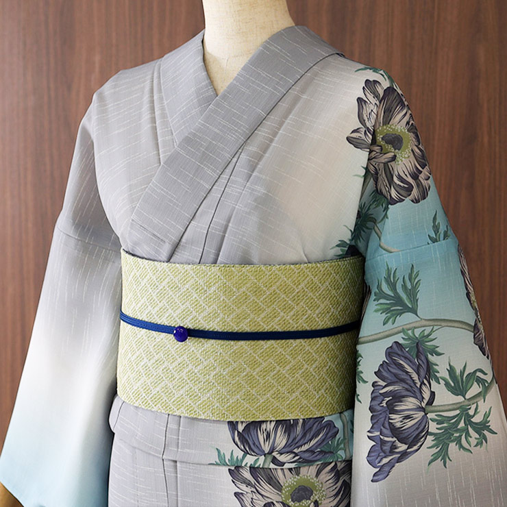 麻100% 撫松庵 半幅帯 細帯 麻網代 日本製 麻帯 黄緑 紺色 ネイビー