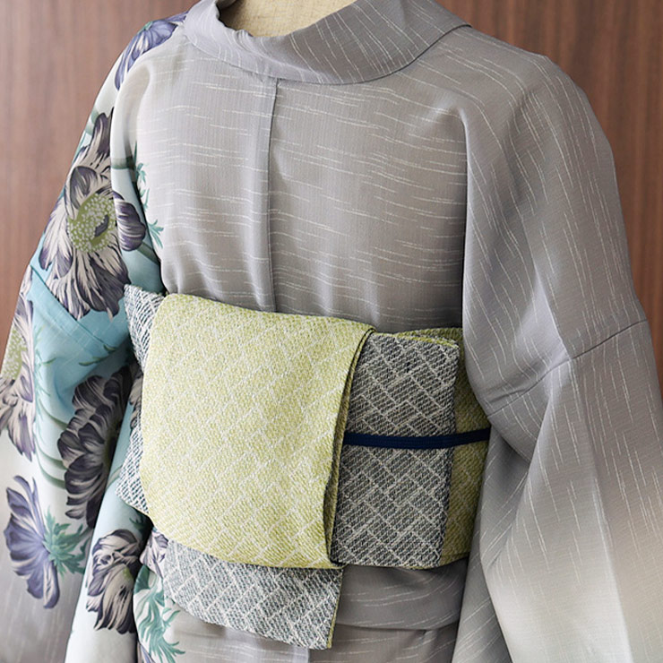 麻100% 撫松庵 半幅帯 細帯 麻網代 日本製 麻帯 黄緑 紺色 ネイビー