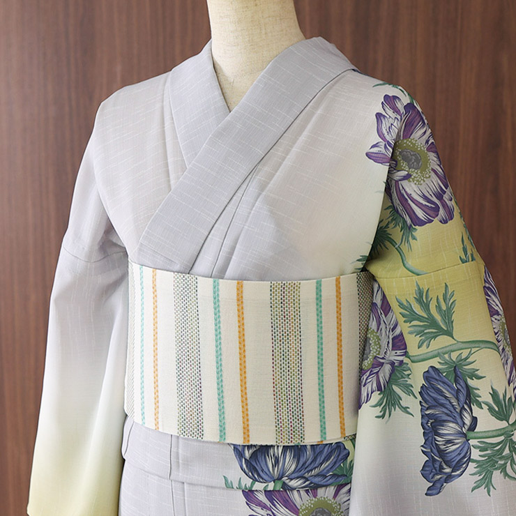 麻帯 撫松庵 半幅帯 細帯 麻ボーダー グリーン オレンジ 日本製 緑