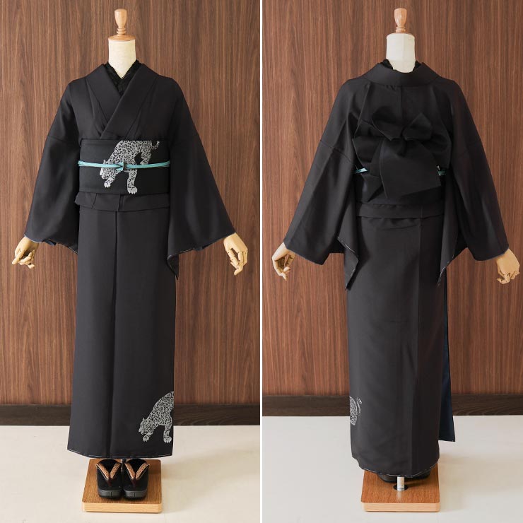 細い帯 上質な刺繍半巾帯] 細帯 半巾帯 ヒョウ刺繍 (雪豹×クロ/105-102-002-88