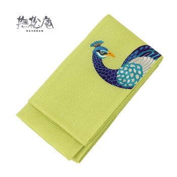 撫松庵 帯 夏用 絽 細帯(半巾帯) 孔雀刺繍 ライトグリーン 黄緑