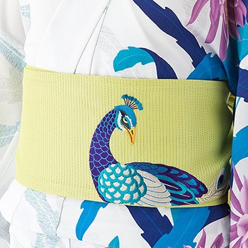 撫松庵 帯 夏用 絽 細帯(半巾帯) 孔雀刺繍 ライトグリーン 黄緑