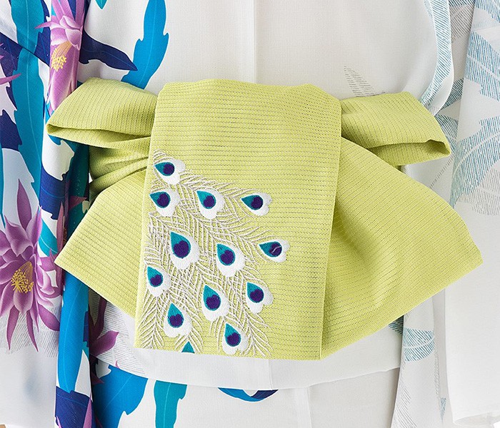 専撫松庵　孔雀刺繍半幅帯　絽　ライトグリーン　３９２cm×１６cm　未使用品 専撫松庵 孔雀刺繍半幅帯 絽 ライトグリーン 392cm×16cm 未