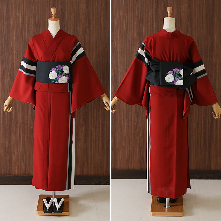 夏向け 細帯] 半巾帯 花丸朝顔 刺繍 黒 浴衣 夏 着物 ゆかた帯