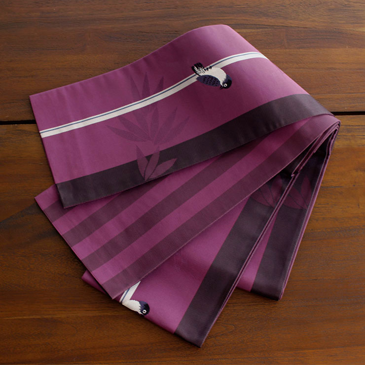 撫松庵　雀の帯 リバーシブル 細帯 半巾帯 すずめ ムラサキ 紫 縞 スズメ 雀 鳥