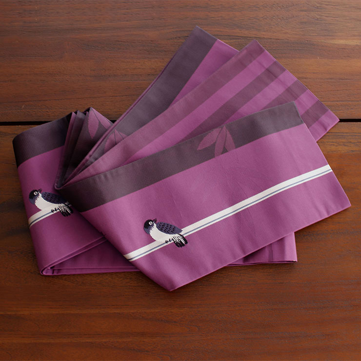 撫松庵 雀の帯 リバーシブル 細帯 半巾帯 すずめ ムラサキ 紫 縞 スズメ 雀