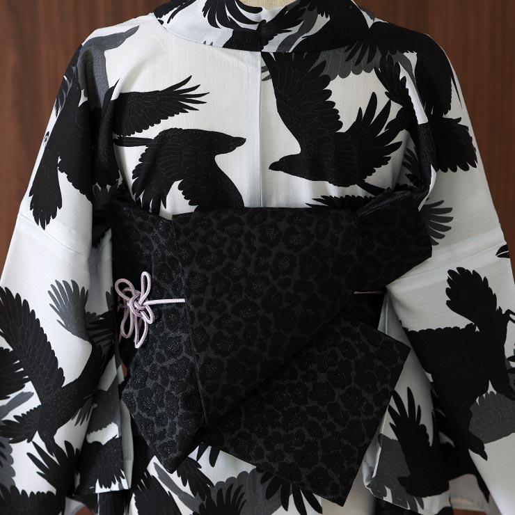 日本製] リバーシブル 半幅帯 小袋帯 レオパード ブラック 細帯 半巾帯