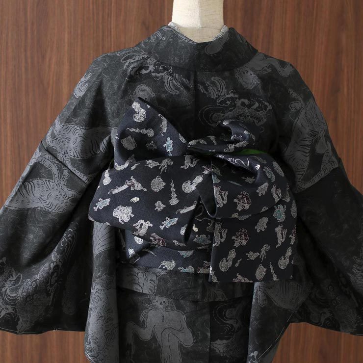 撫松庵 [ 日本製 ］半巾帯 細帯 妖怪金襴 濃紺（101-102-001-78