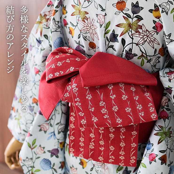 ロングセラー] 細帯 半巾帯 市松 アカ 市松柄 撫子 ストライプ