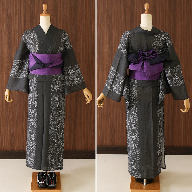 撫松庵] 半幅帯 細帯 麻の葉 (105-302-114 65ムラサキ×濃紺