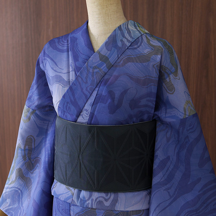撫松庵 半幅帯 細帯 麻の葉 グリーン 濃灰色 日本製 黄緑色 グレー