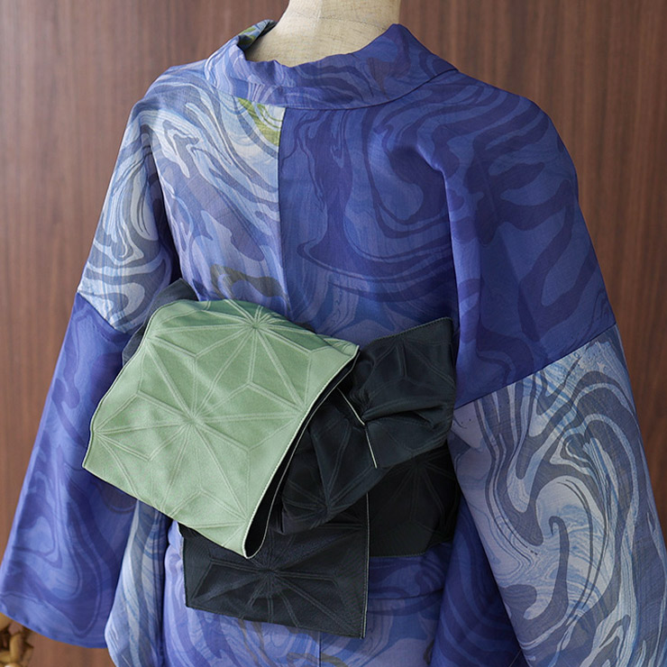 撫松庵 半幅帯 細帯 麻の葉 グリーン 濃灰色 日本製 黄緑色 グレー