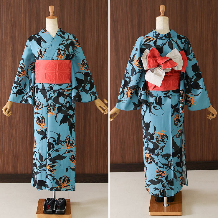 撫松庵 半幅帯 細帯 麻の葉 レッド ベージュ 日本製 赤色 朱色