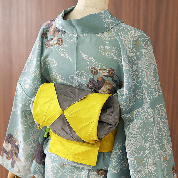 撫松庵] 半幅帯 細帯 麻の葉 (105-302-114 15イエロー×グレー) 日本製