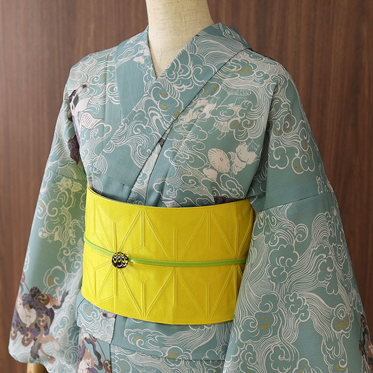 撫松庵] 半幅帯 細帯 麻の葉 (105-302-114 15イエロー×グレー) 日本製