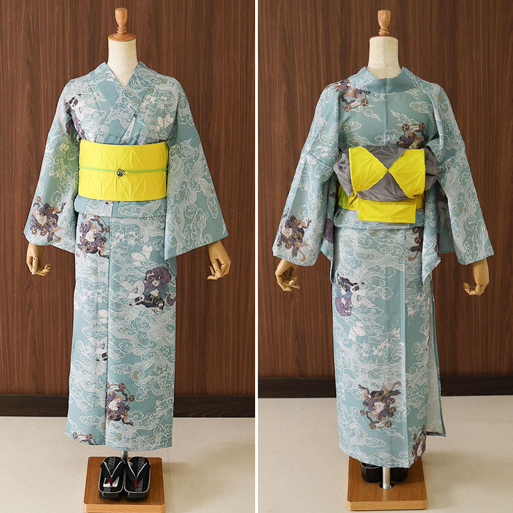 撫松庵] 半幅帯 細帯 麻の葉 (105-302-114 15イエロー×グレー) 日本製