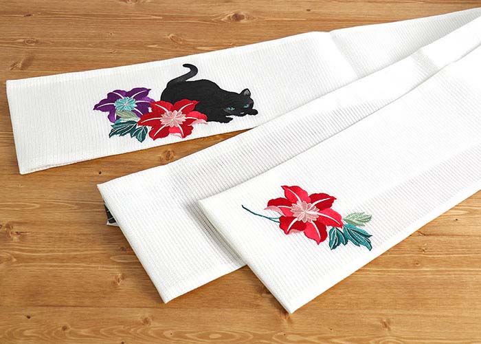 刺繍細帯 猫と鉄線（シロ 109-302-108-02） 絽 夏向け ホワイト