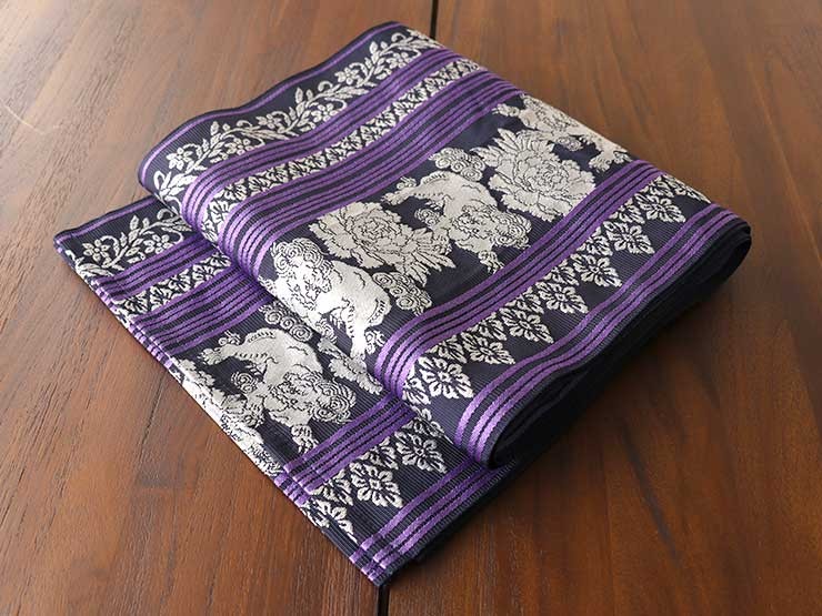 撫松庵 兵児帯(帯リボン) 獅子献上（紺×紫 100-303-001-78）牡丹