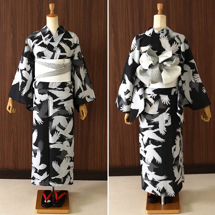 新品撫松庵プレタ浴衣セオアルファ花柄アガパンサス黒　日本製　訳あり 洗える 浴衣 ] 夏宵カラス（クロ 105-337-007-88）ゆかた セオα