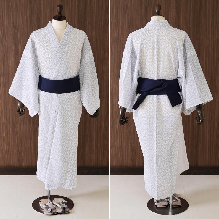 [洗える浴衣] 男性用 ゆかた 染付花 アイボリー (04) M L 東レ セオα &+ 男物 メンズ プレタ浴衣 夏 着物 花紋 花文様 古典 日本製 撫松庵 fj605の画像