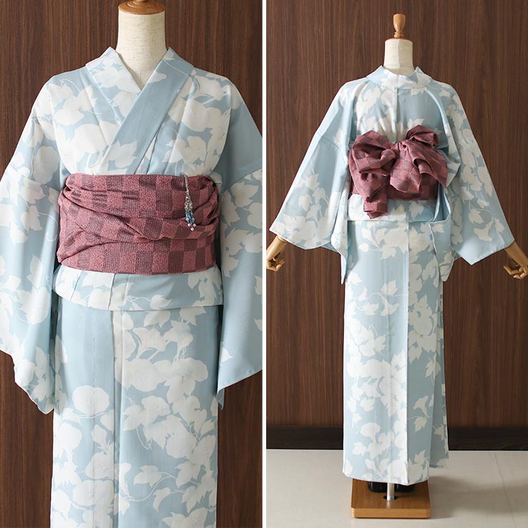新品未使用　洗える浴衣　ノーアイロン　ポリエステル　あさがお 洗える 浴衣 おぼろ朝顔（水色 102-337-004-80）仕立て上がり