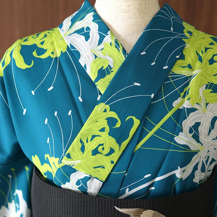 洗える 浴衣 曼珠沙華（ターコイズ 102-337-007-76）仕立て上がり