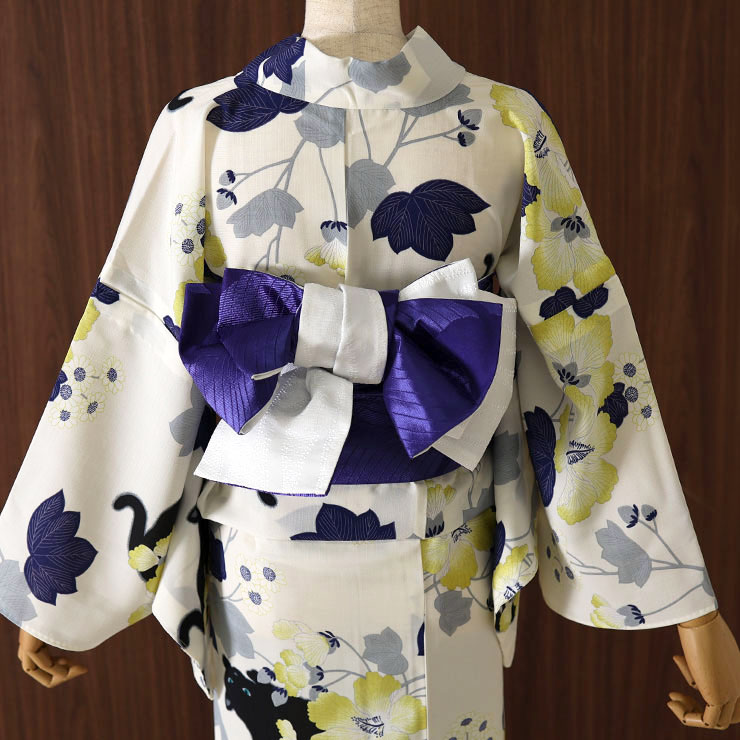 洗える 浴衣 ] 芙蓉と猫（クリーム 103-337-116-06）ゆかた バチ衿