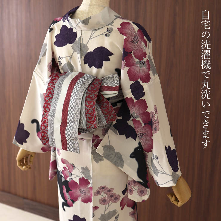 洗える 浴衣 ] 芙蓉と猫（ベージュ 103-337-116-05）ゆかた バチ衿