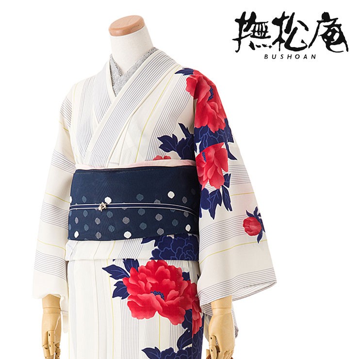 撫松庵 浴衣 仕立て上がり洗える浴衣 -片寄せ牡丹（アカ 100-337