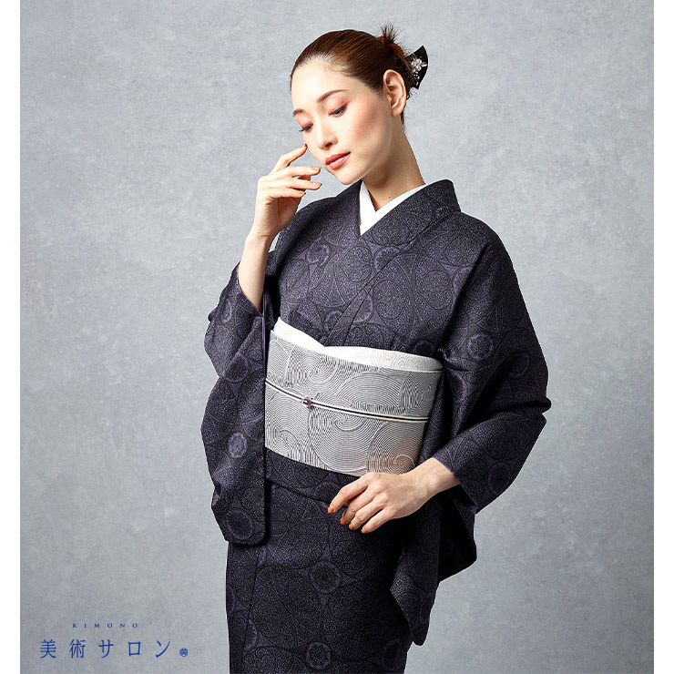 【美品✨】東レシルック　洗える着物　小紋　ぼかし染め　紫みの暗い灰　暗い灰紫F3 美術サロン 東レシルック 洗える着物 ダマスク 日本製 紫色 パープル