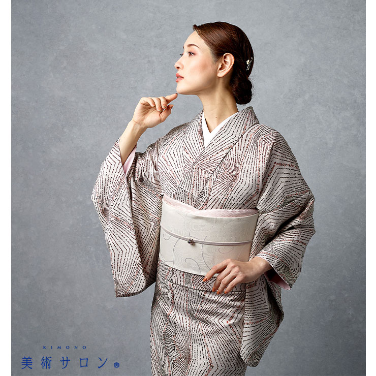 美術サロン 東レシルック 洗える着物 石細美 ベージュ 日本製 幾何学模様 袷 着物 きもの お洒落着 小紋 春秋冬 レディース 女性用 上品 シック 大人 ym601sの画像